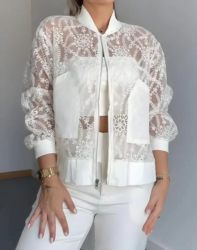 Floral Lace Embroidered Bomber Jacket