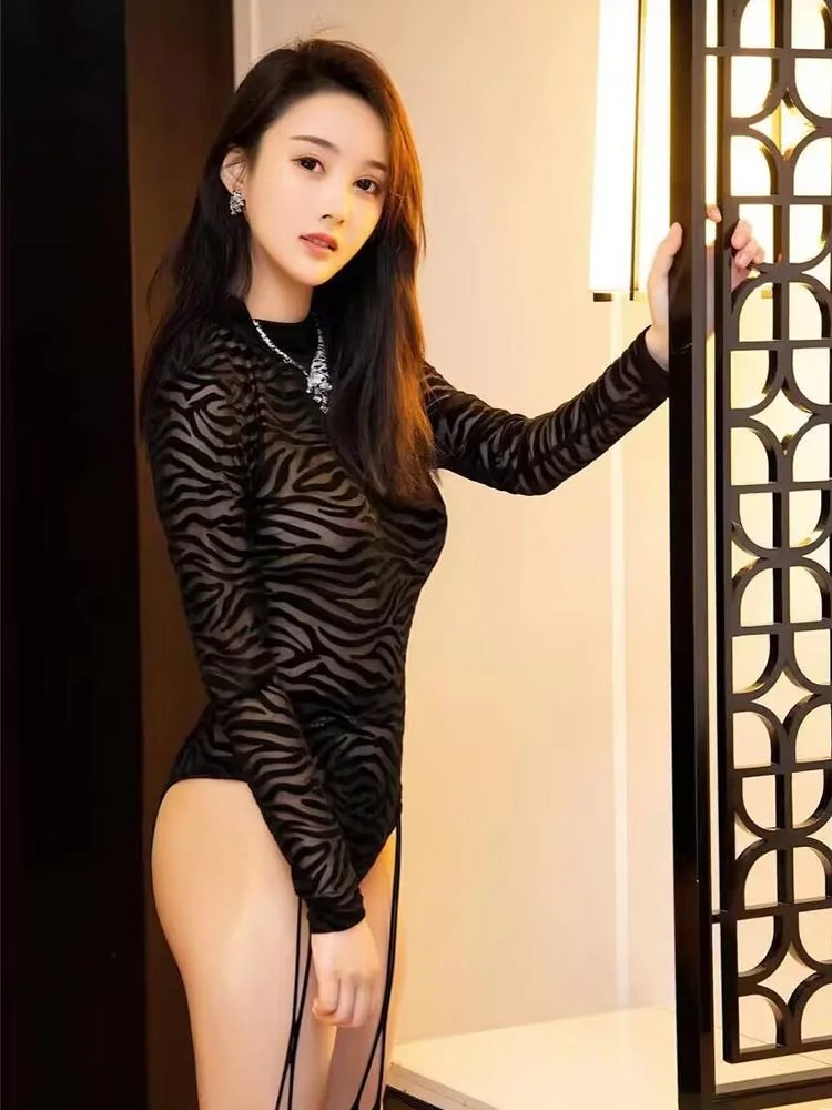 Chic Black Mesh Long Sleeve Bodysuit