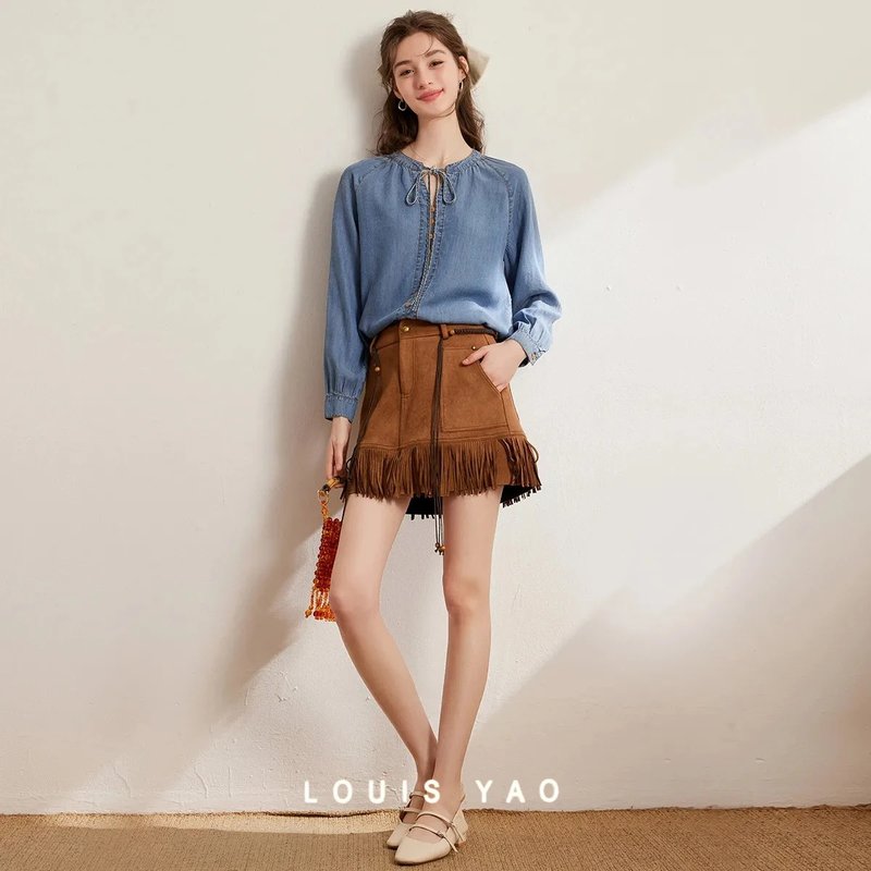 Chic Denim Blouse with Tie-Front