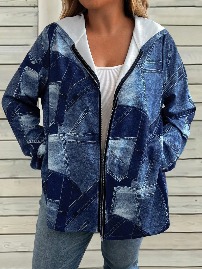 Plus Size Denim Patchwork Hoodie