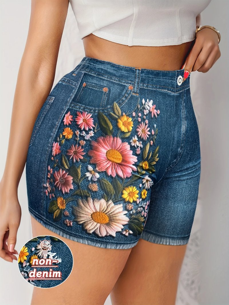 Floral Print Stretch Denim Shorts