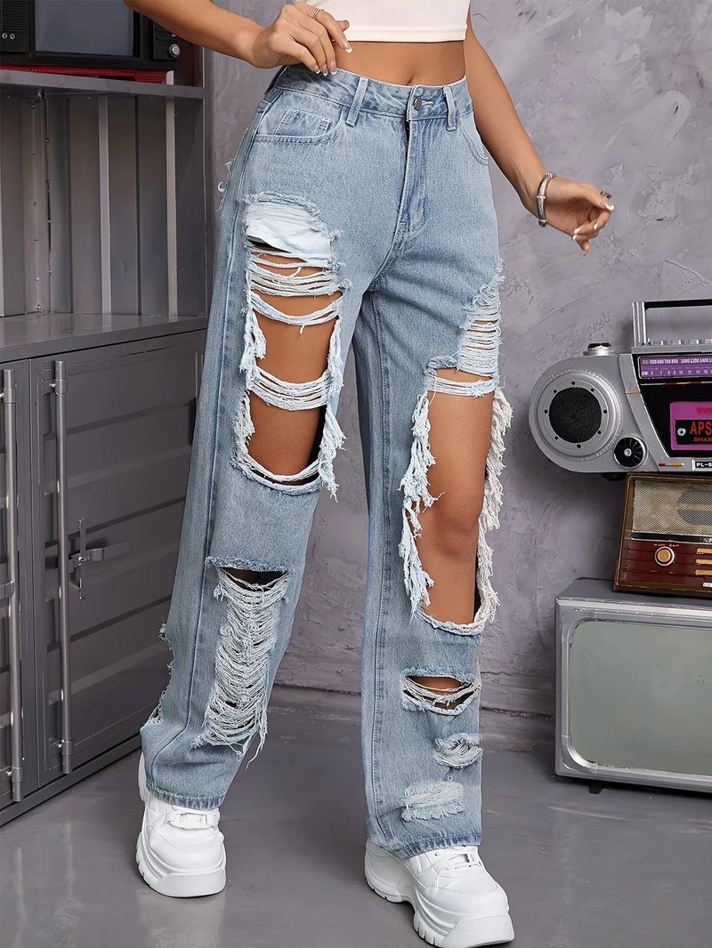 Retro High Waist Ripped Jeans
