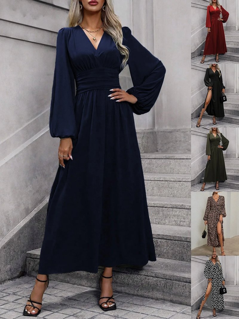 Chic Retro Lantern Sleeve Maxi Dress