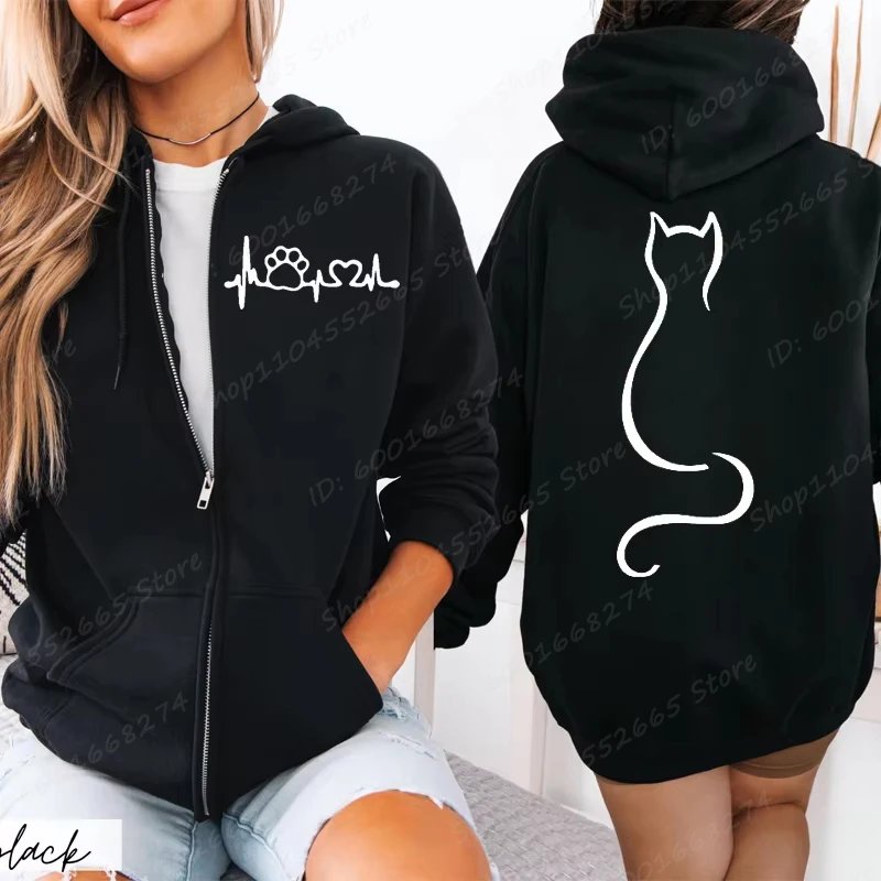 Cute Cat Print Zip-Up Hoodie