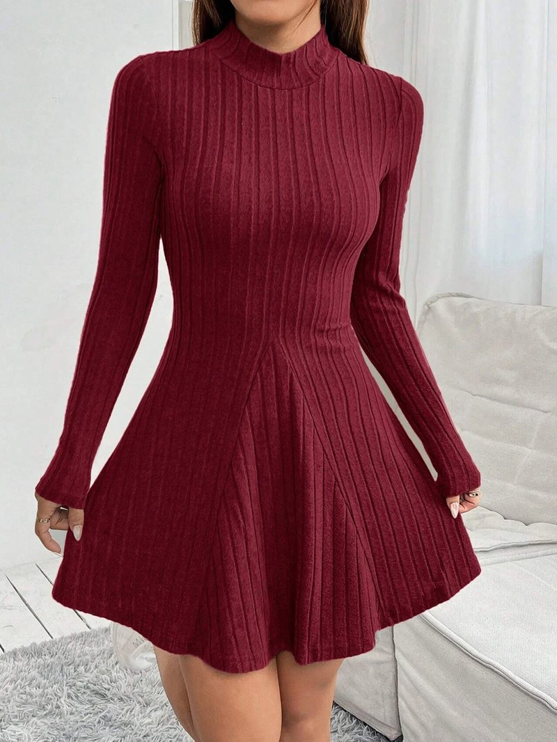 Wine Red Knitted Turtleneck Dress