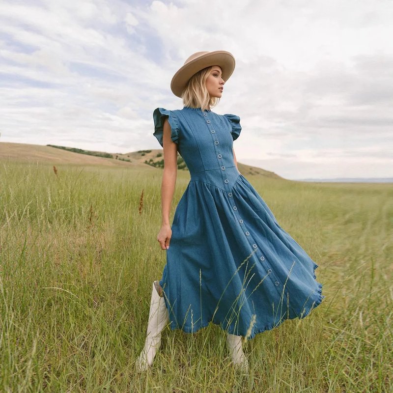 Chic Ruffle Sleeve Denim Midi Dress
