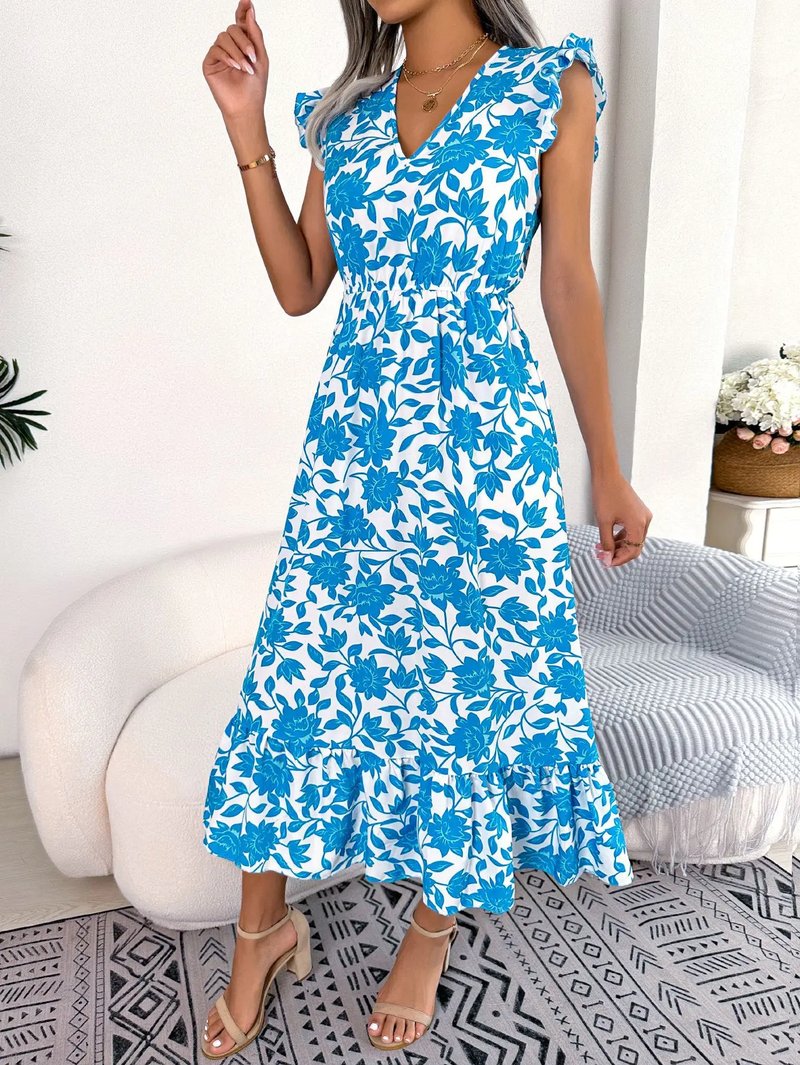Floral V-Neck Summer Midi Dress