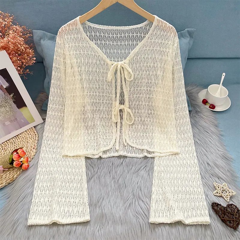 Sheer Crochet Tie-Front Cardigan