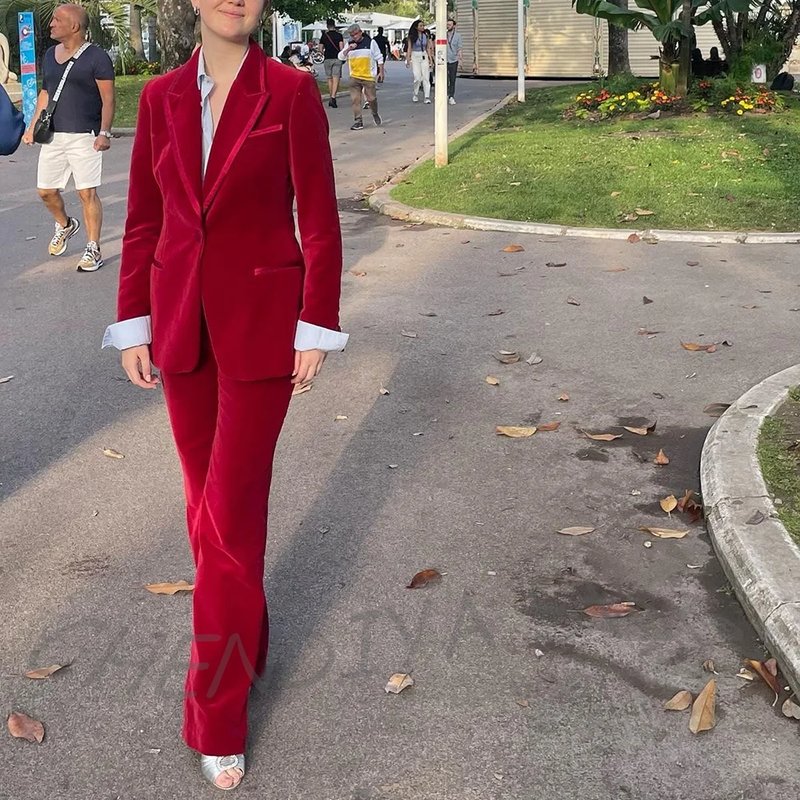 Elegant Red Velvet Blazer Set