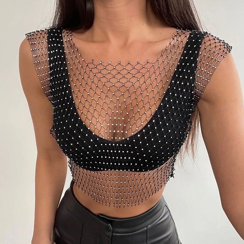Chic Mesh Crop Top with Rhinestones