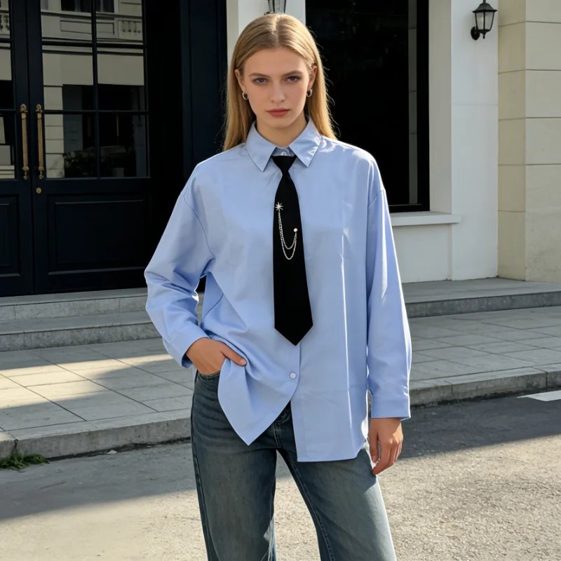 Chic Blue Blouse with Chain Tie