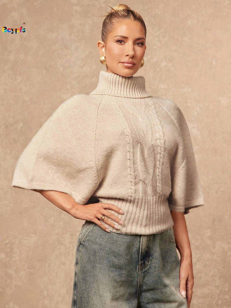 Beige Cable Knit Turtleneck Sweater