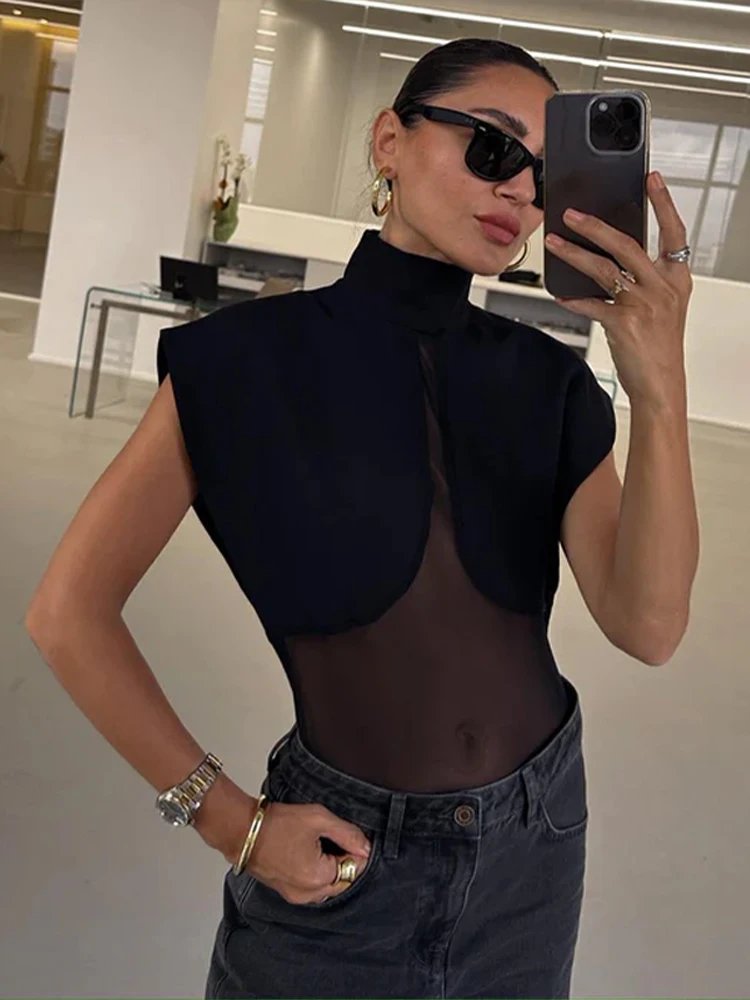 Chic Transparent High Collar Bodysuit