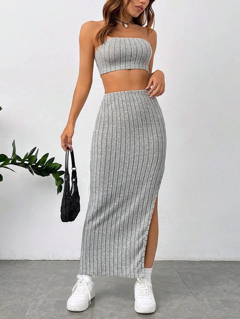 Chic Ribbed Knit Tube Top & Skirt Set