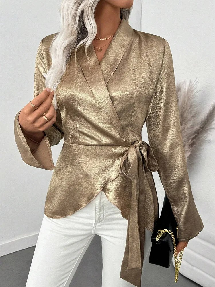 Chic Gold Metallic Wrap Blouse