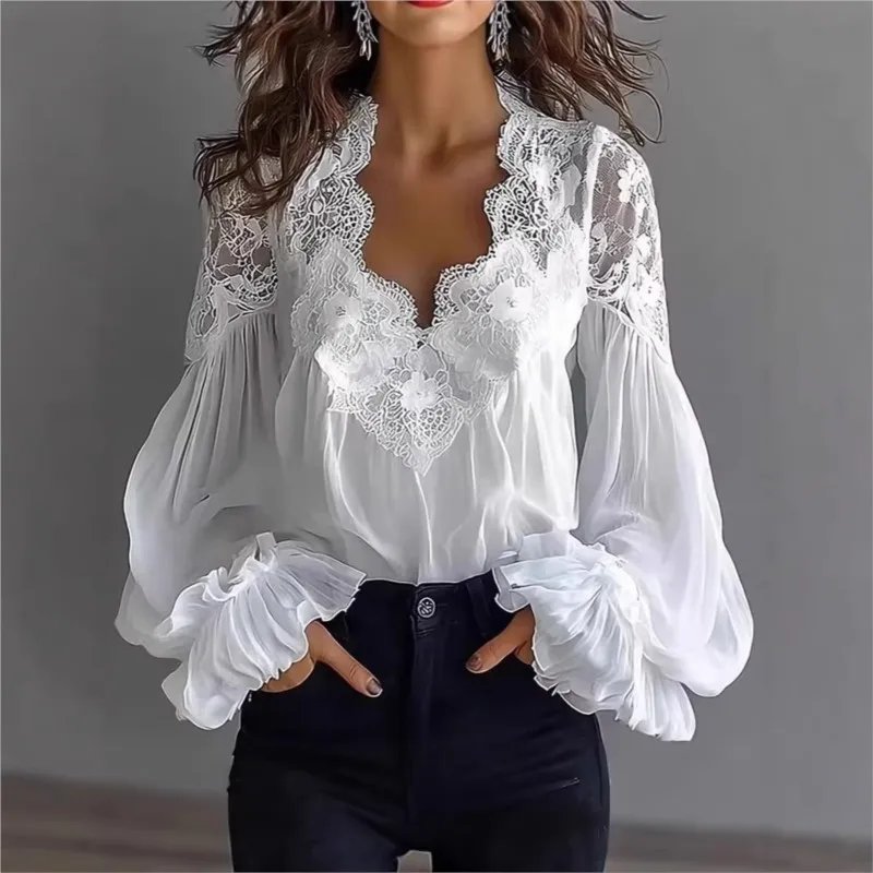 Lace Trim Puff Sleeve Blouse