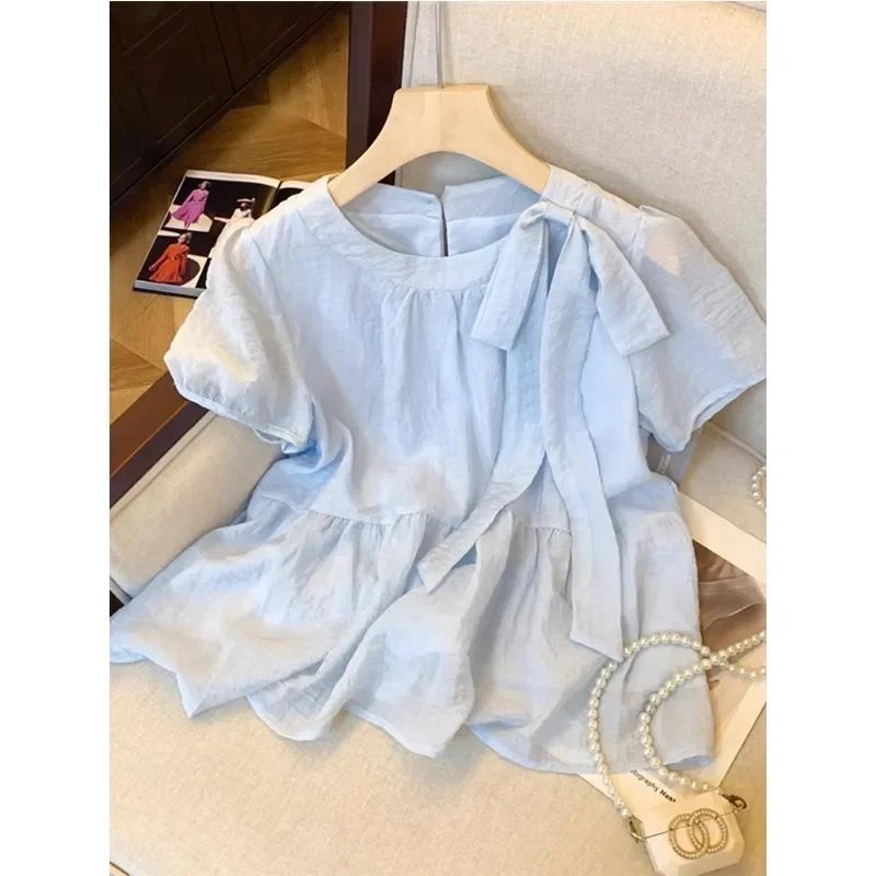 Light Blue Linen Ruffle Hem Blouse