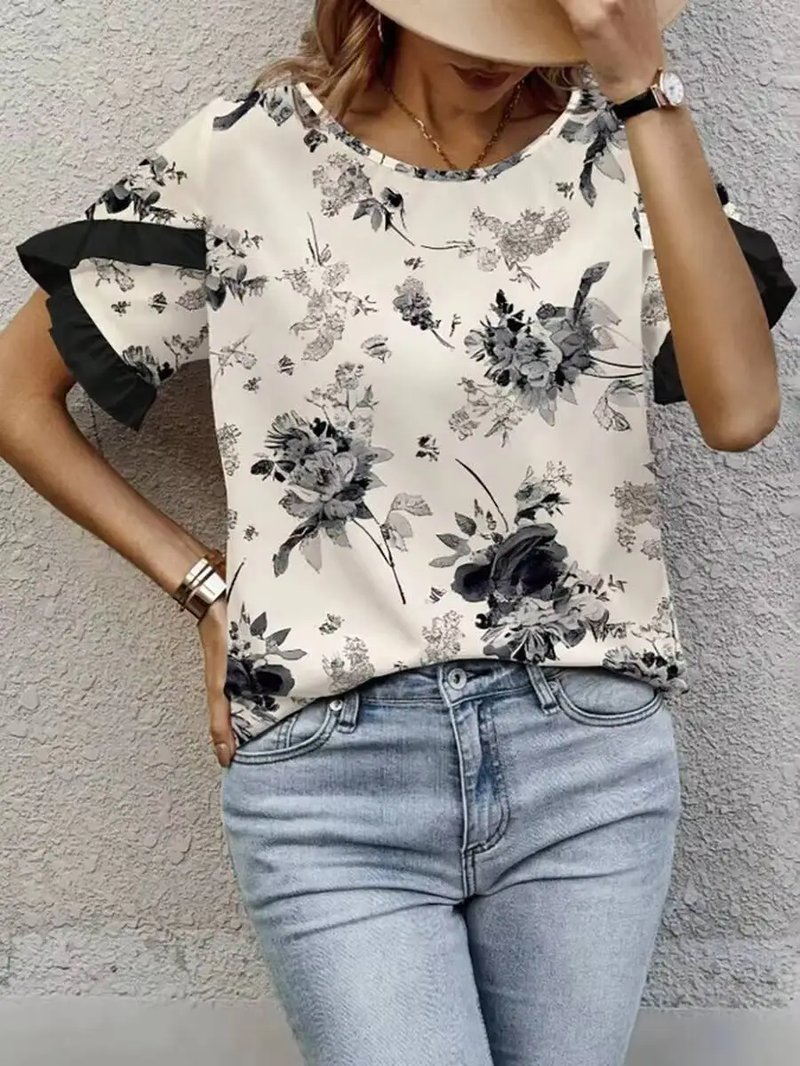 Floral Print Ruffle Sleeve Blouse