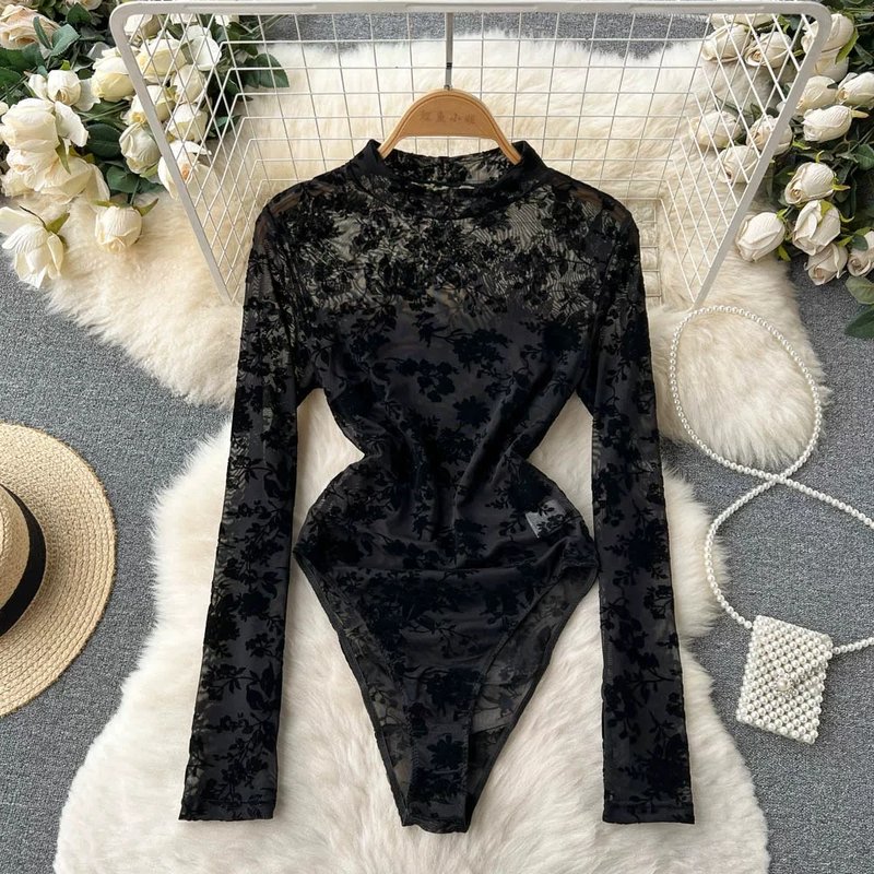 Lace Embroidered Black Bodysuit