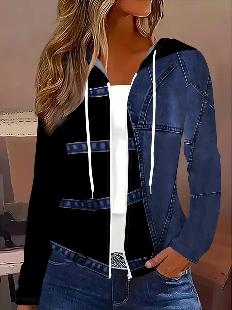 Stylish Denim Patchwork Hoodie Jacket
