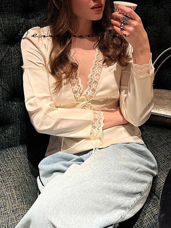 Lace Insert V-Neck Blouse