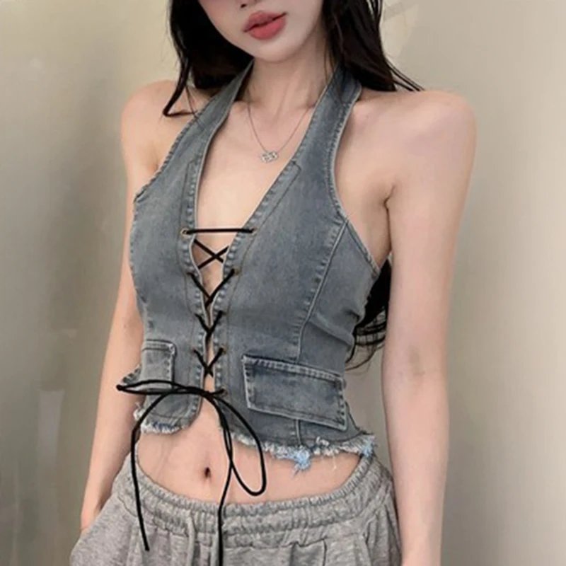 Fringed Denim Corset Top