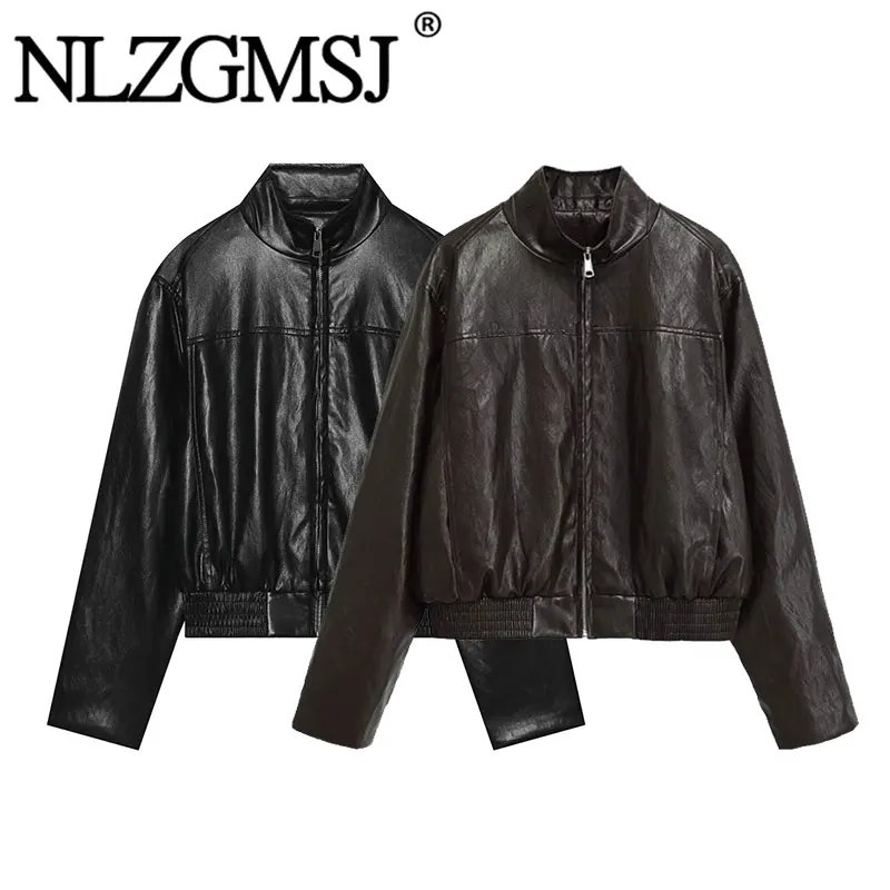 Vintage Minimalist Faux Leather Bomber Jacket