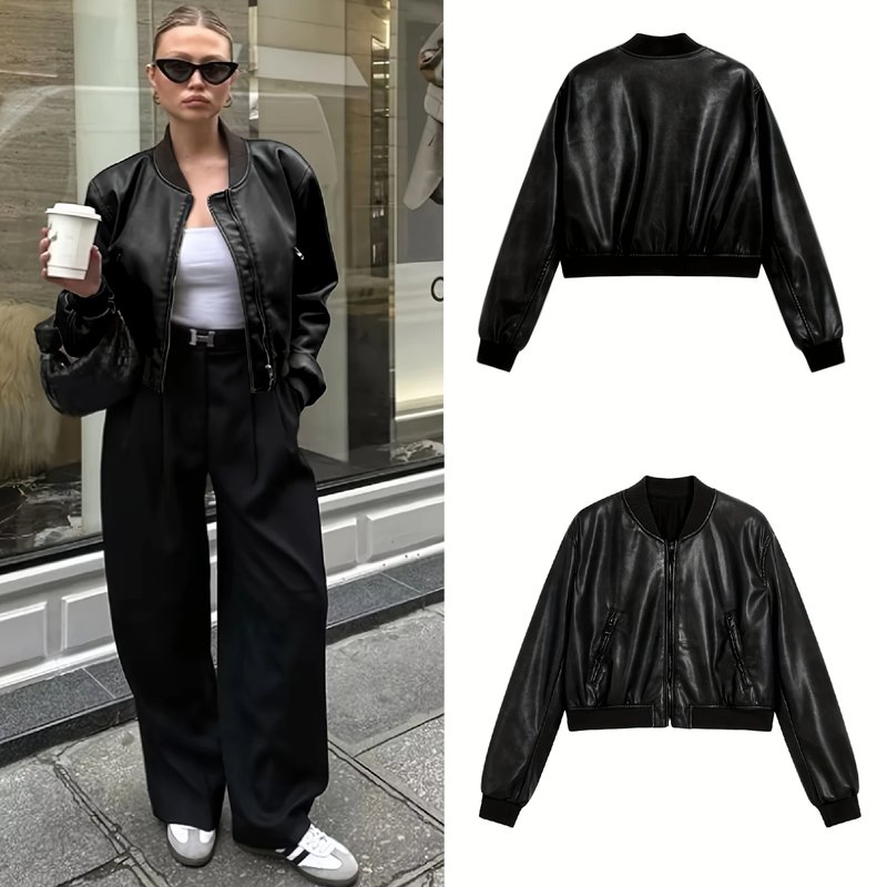 Women's Black Faux Leather Bomber Jacket