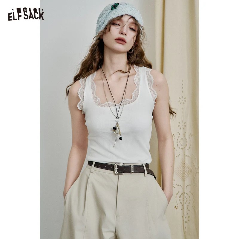Elegant Lace Trim Ribbed Tank Top