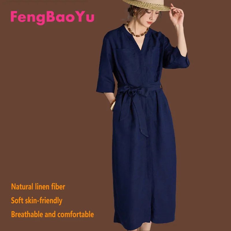 Linen V-Neck Women's Dress