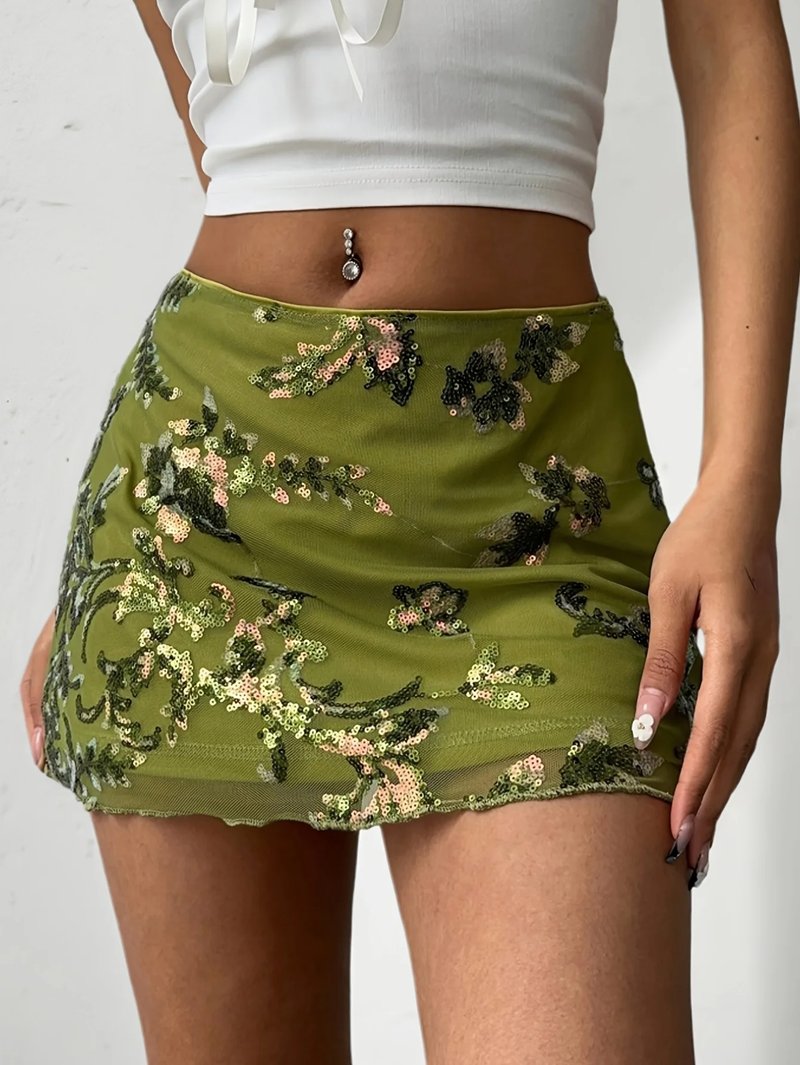 Trendy Green Floral Sequin Mini Skirt