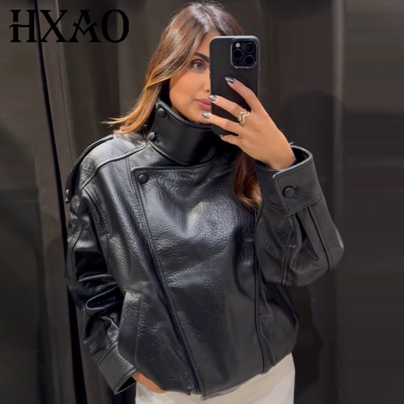 Chic Black Faux Leather Bomber Jacket