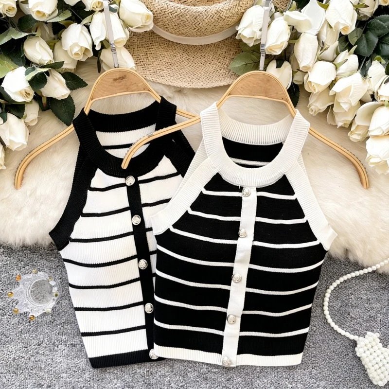 Elegant Striped Halter Crop Top
