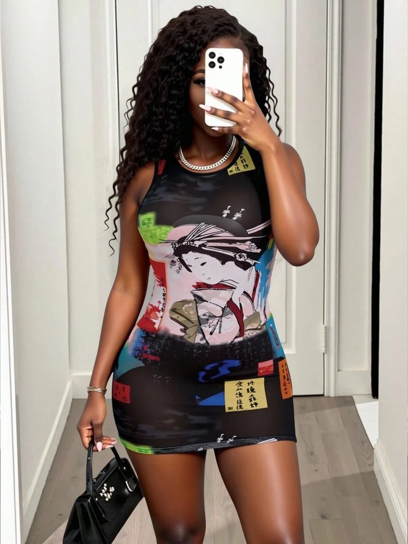 Bold Print Sheer Mini Tank Dress