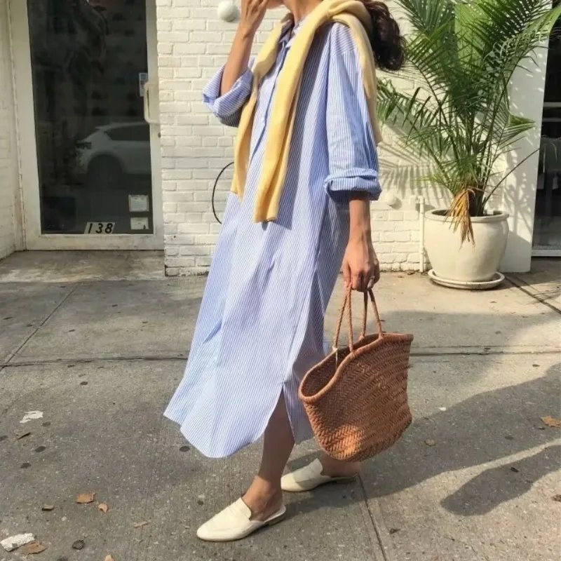 Vintage Striped Casual Shirt Dress