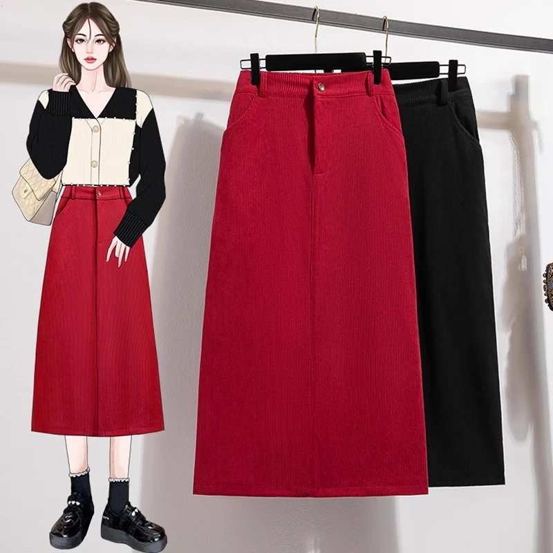 Plus Size Red Corduroy A-Line Skirt