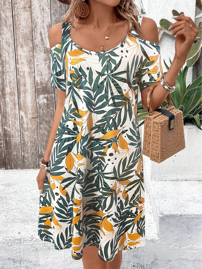 Tropical Leaf Print Cold Shoulder Dress