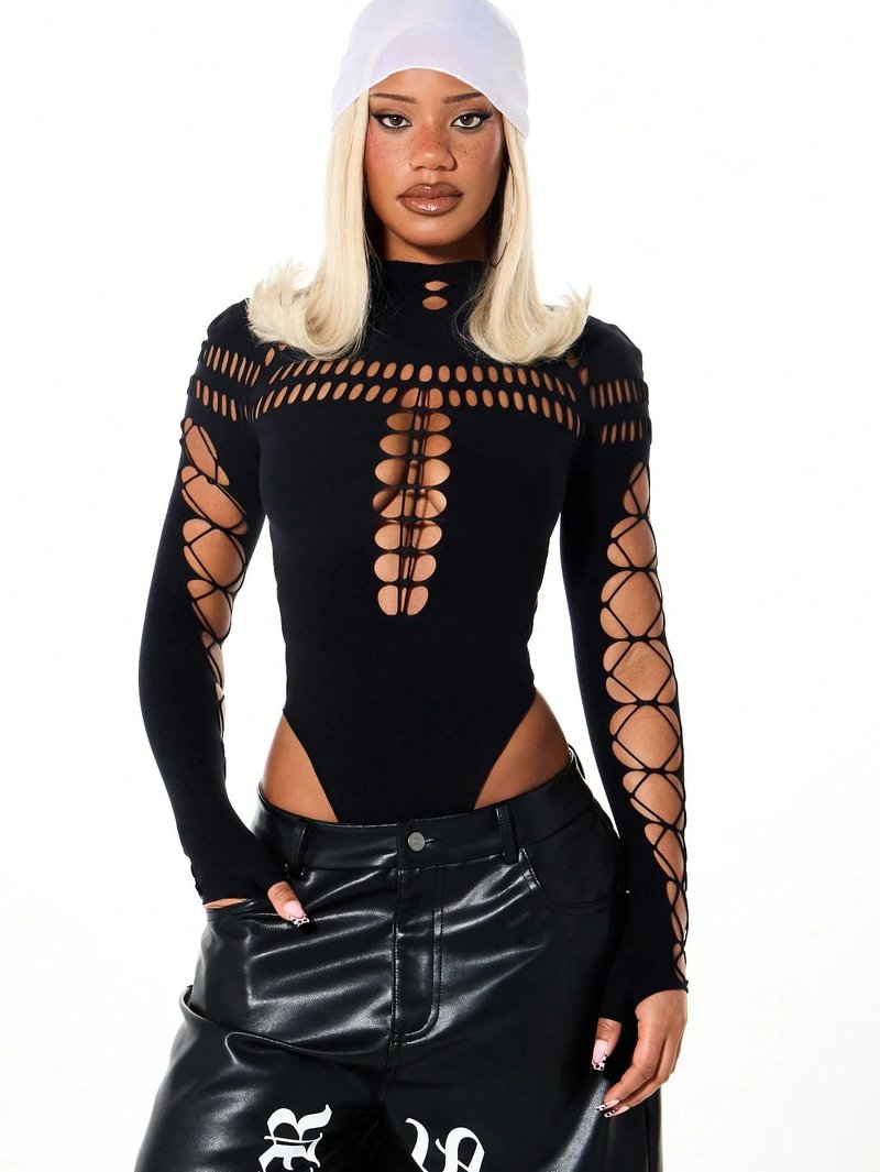 Y2K High Neck Cutout Bodysuit