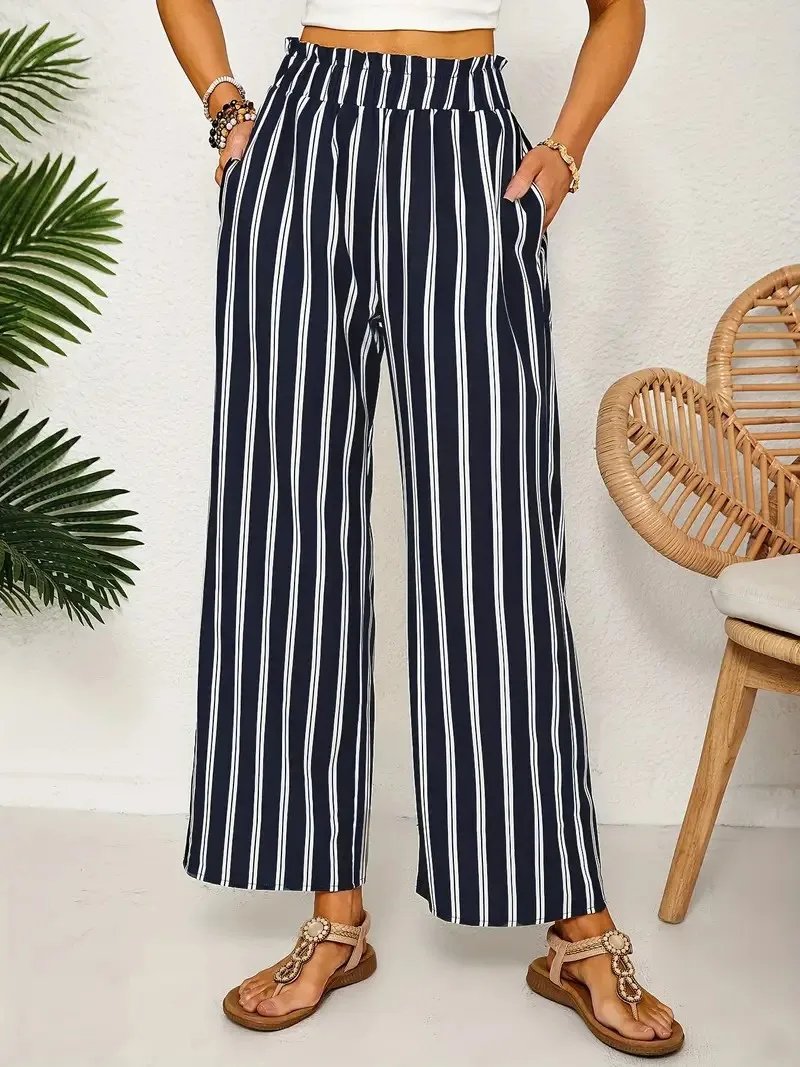 Navy Blue Striped Wide Leg Pants