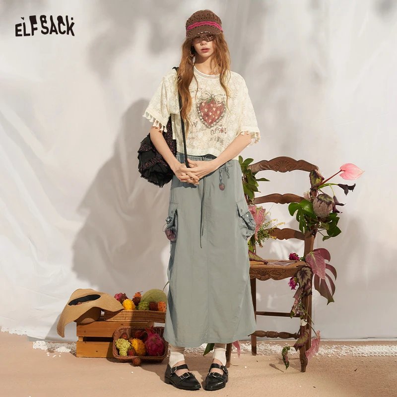 ELFSACK Strawberry Print Midi Skirt