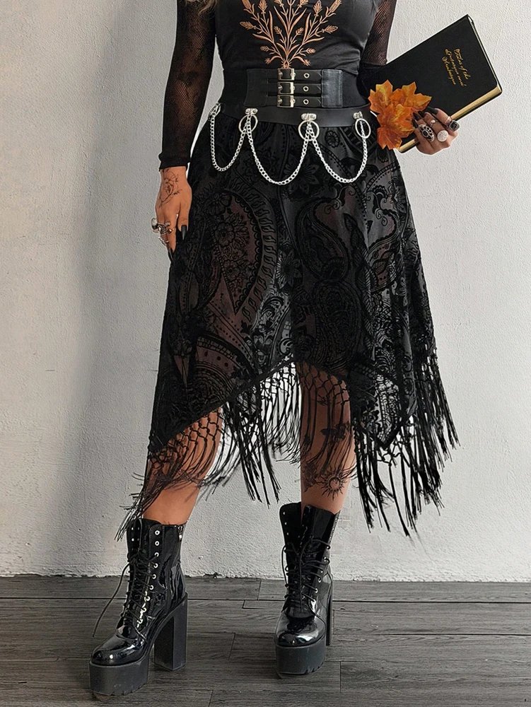 Plus Size Punk Fringe Midi Skirt