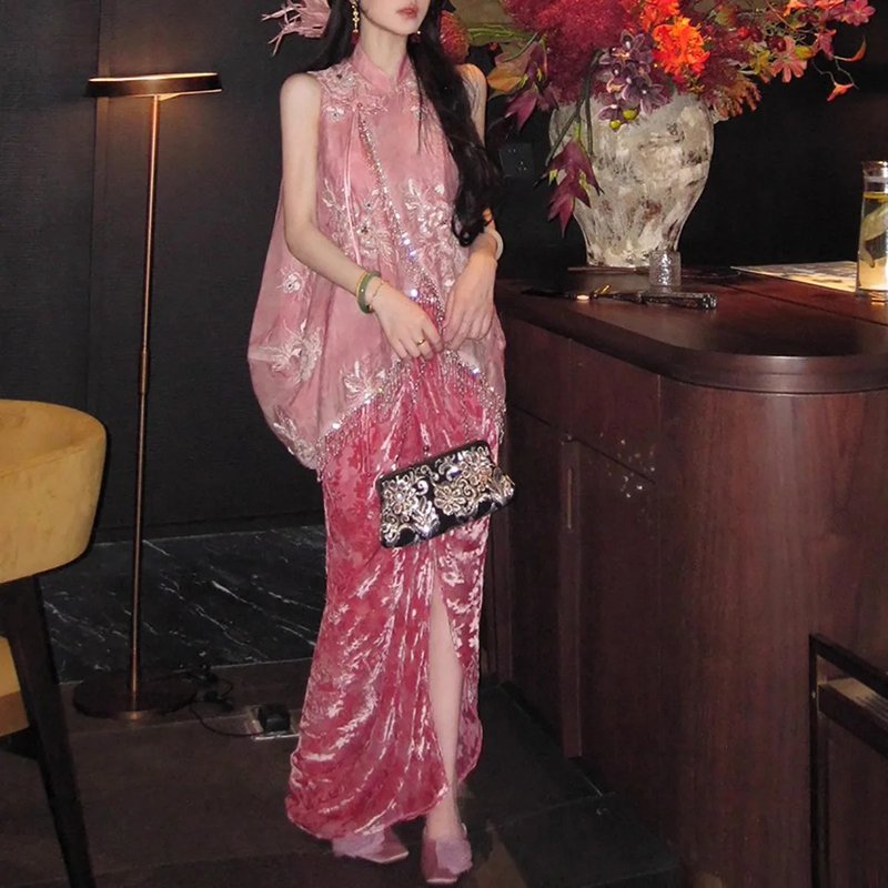 Elegant Sequin Vest & Velvet Skirt Set