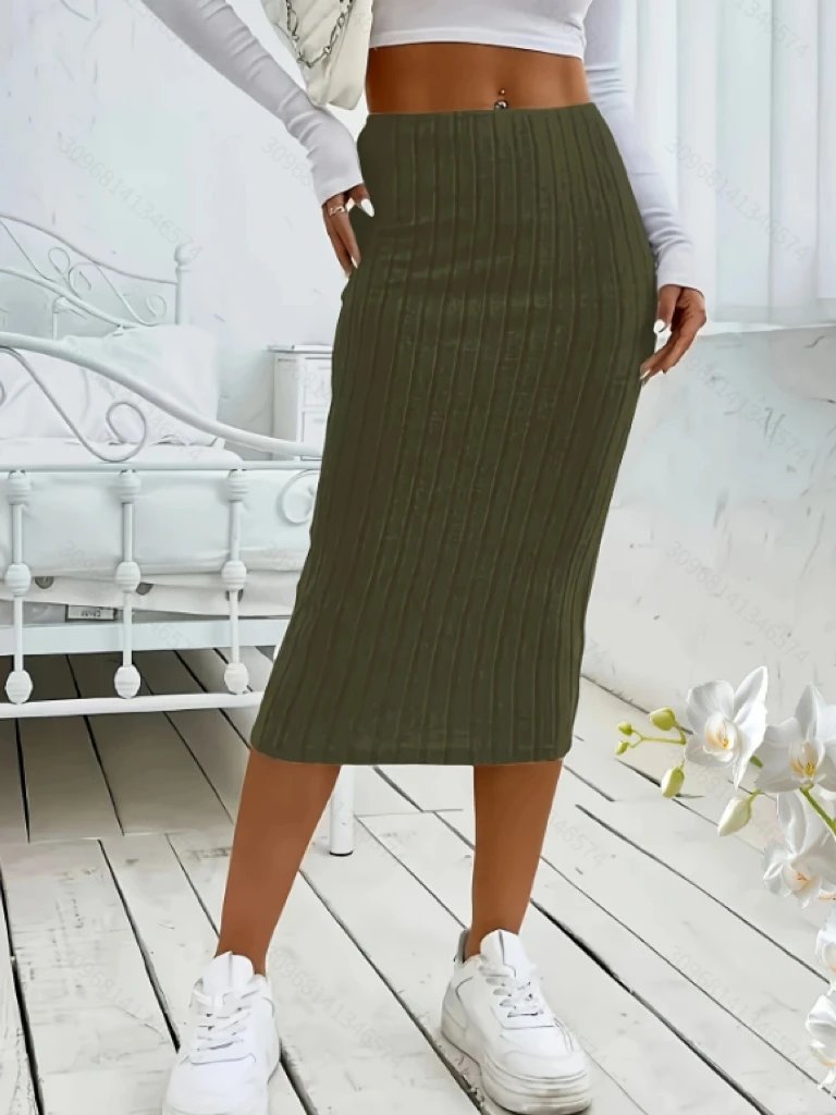 Chic High-Waist Ribbed Midi Skirt