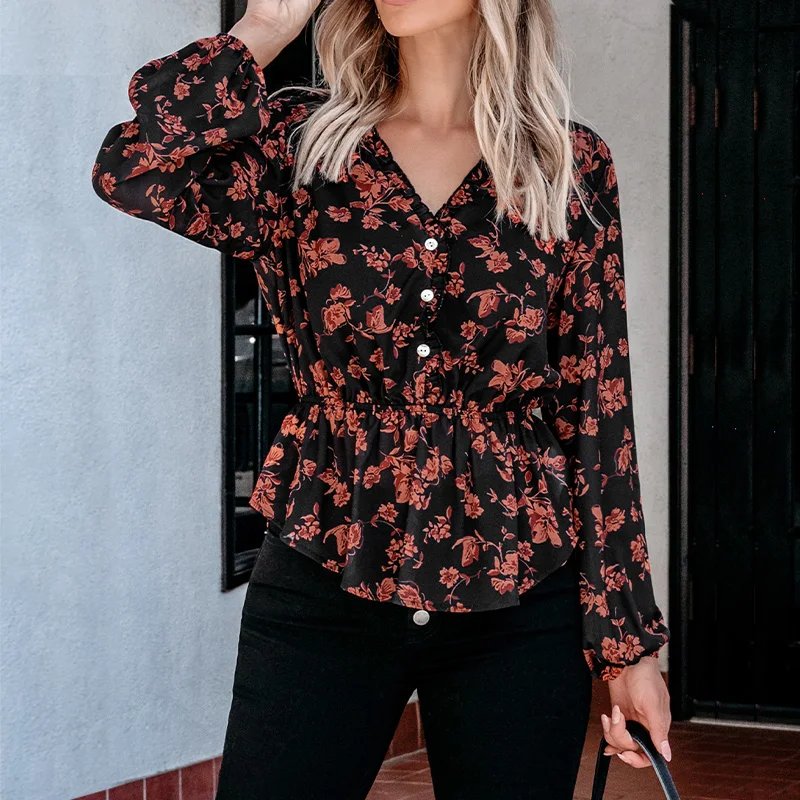 Elegant Plus Size Floral Ruffled Shirt