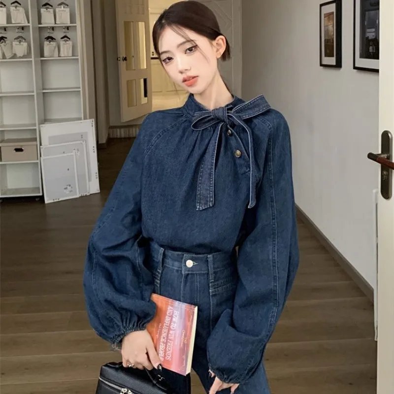 Retro Denim Bow Tie Blouse