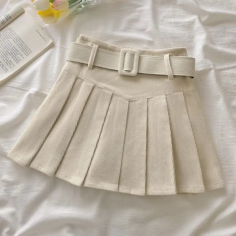 High-Waisted Corduroy Pleated Skirt