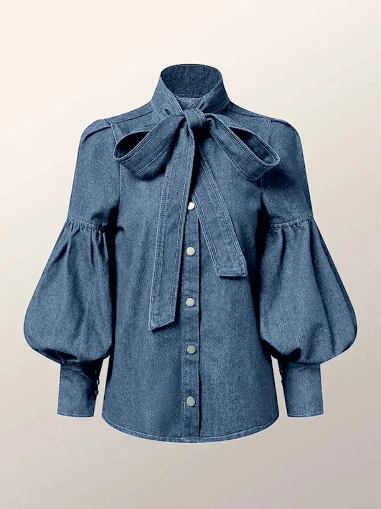 Chic Bow Neck Denim Blouse