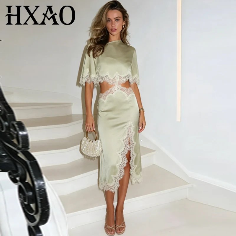 Asymmetric Satin Lace Midi Dress