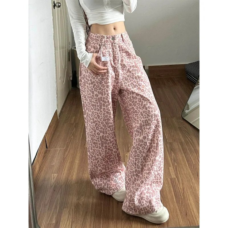 Pink Leopard Print Wide Leg Jeans