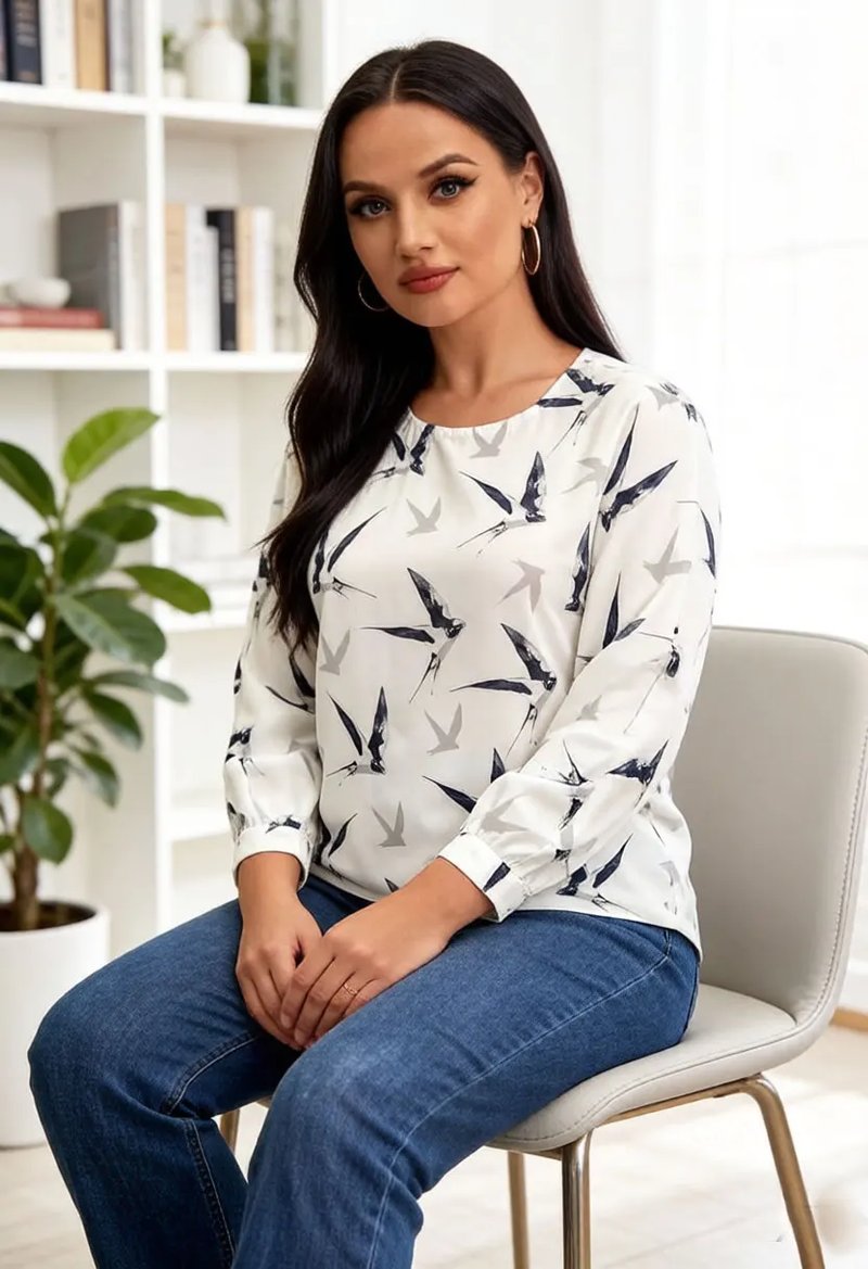 Chic Bird Print Chiffon Blouse